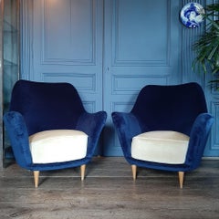 Coppia di poltrone italiane vintage in blu cobalto e crema