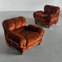 Pair of Vintage Italian Armchairs in Dark Orange Velvet Upholstery & Steel, 70s