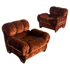 Pair of Vintage Italian Armchairs in Dark Orange Velvet Upholstery 
Steel, 70s