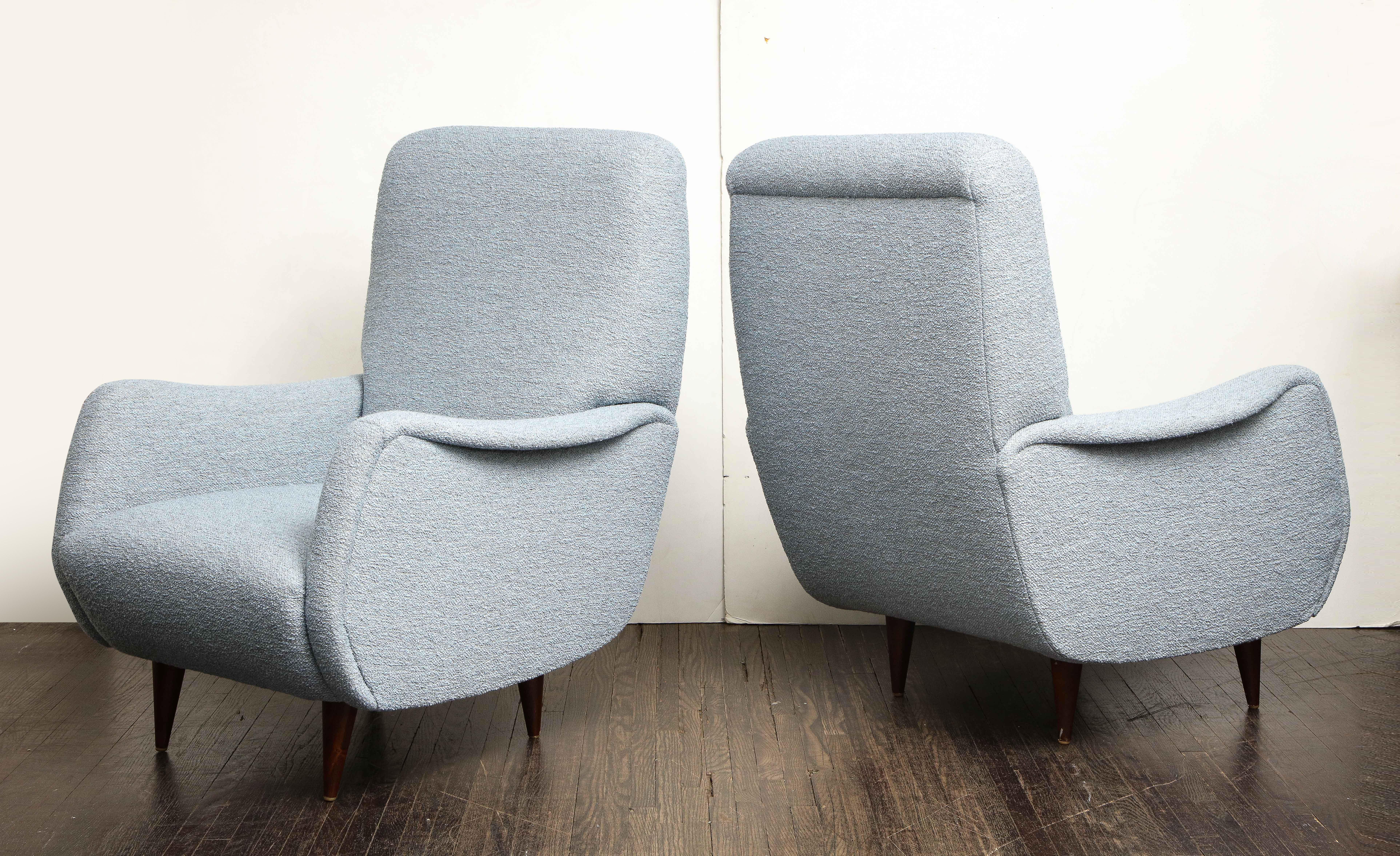 Mid-Century Modern Pair of Vintage Italian Armchairs in Light Blue Boucle Upholstery