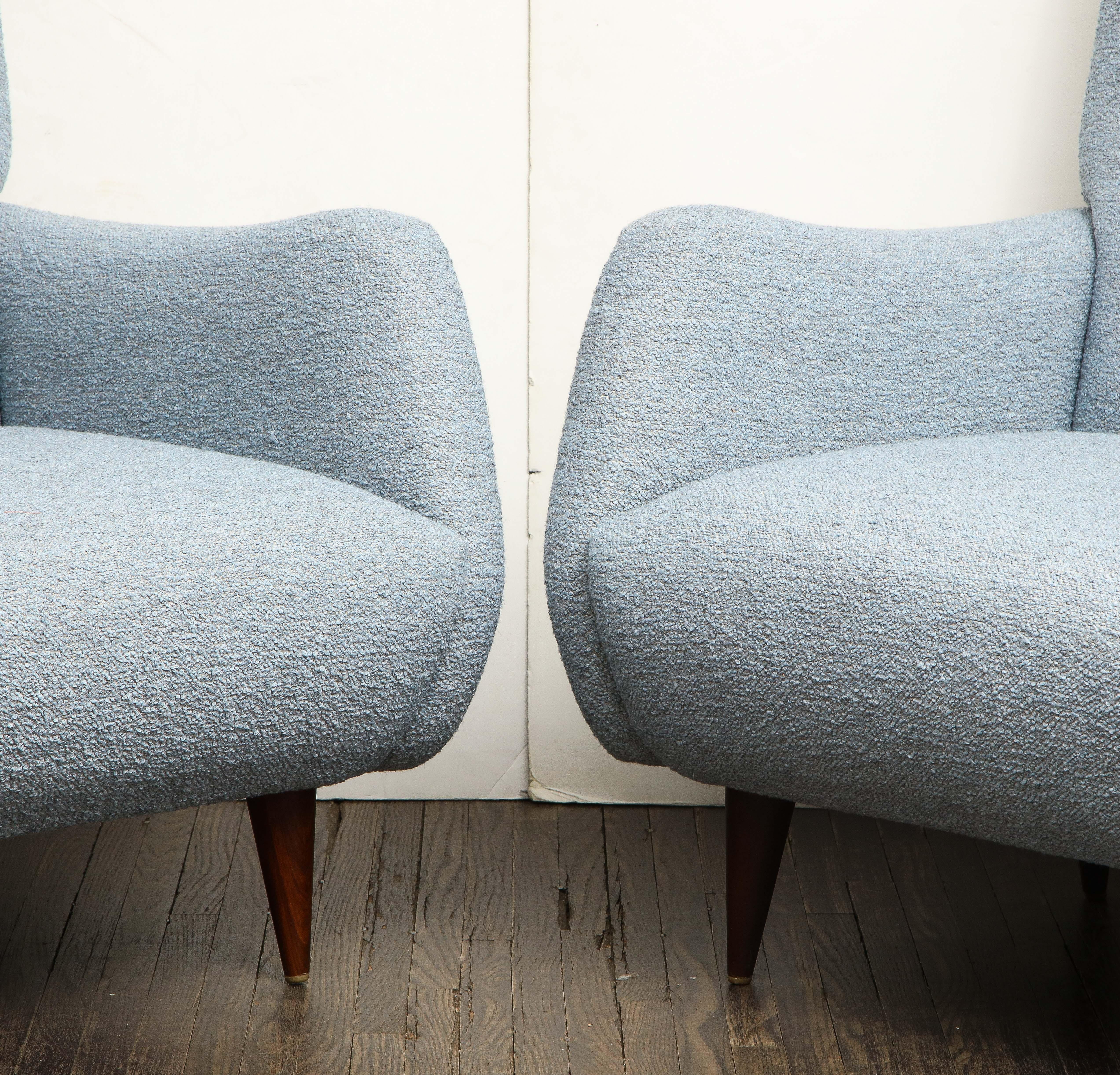 Fabric Pair of Vintage Italian Armchairs in Light Blue Boucle Upholstery