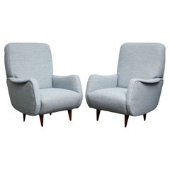 Pair of Vintage Italian Armchairs in Light Blue Boucle Upholstery