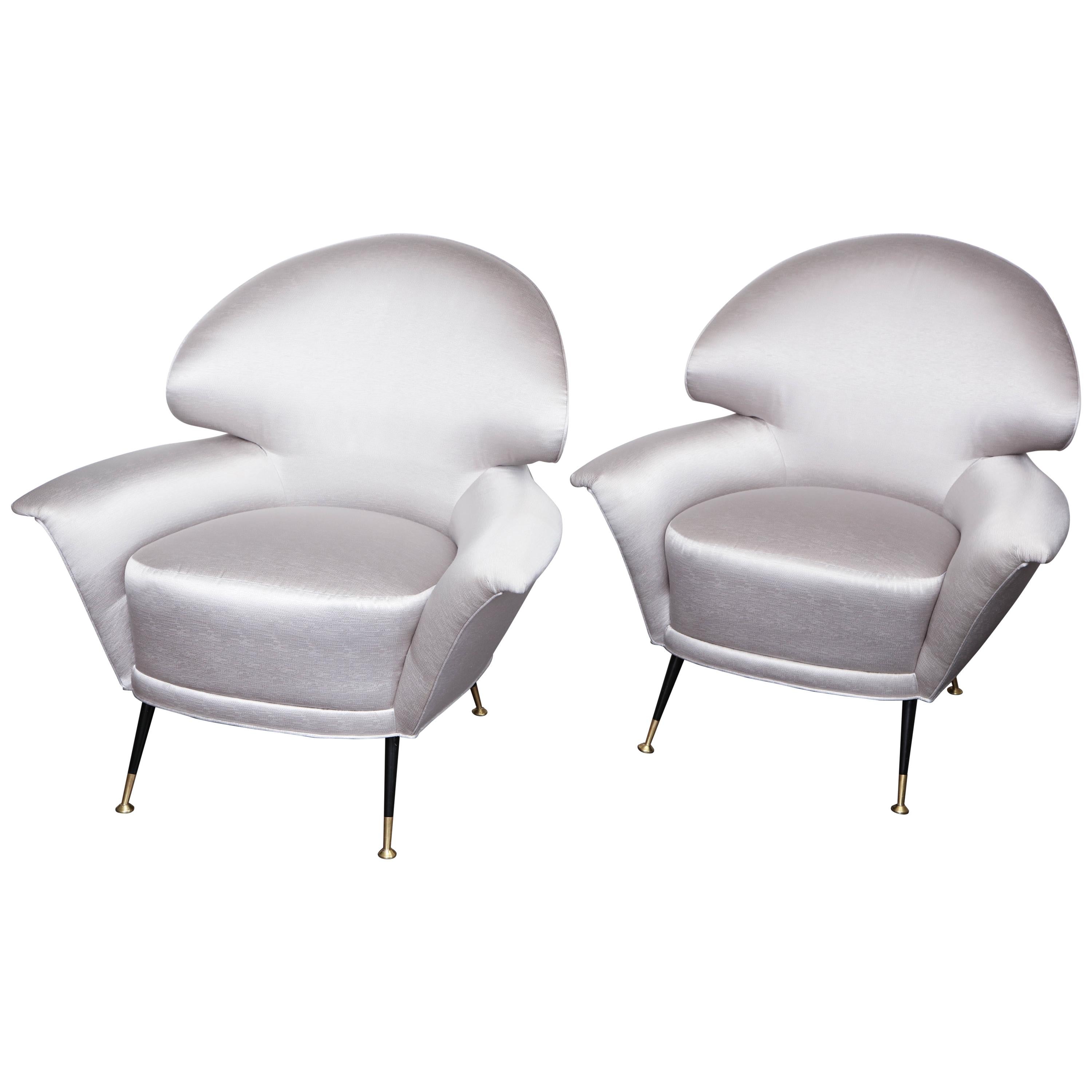 Pair of Vintage Italian Arrow Head Chairs Upholstered in Platinum Satin