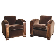 Pair of Vintage Italian Art Deco Club Chairs - Brown Velvet
