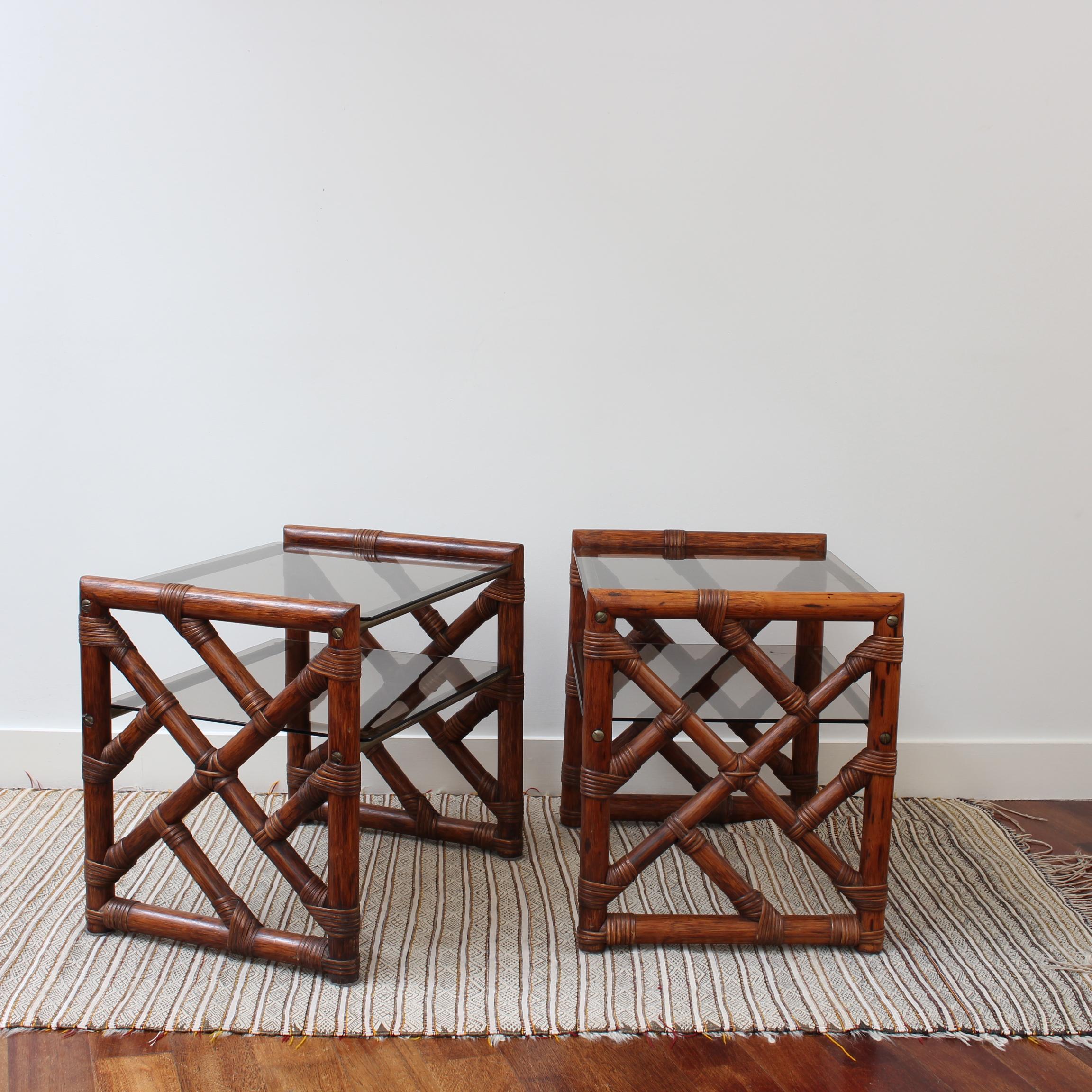 Late 20th Century Pair of Vintage Italian Bamboo Side Tables with Glass Tops 'circa 1970s'