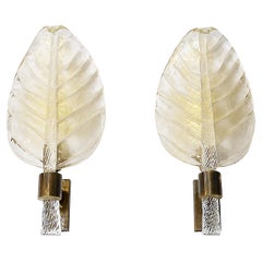 Pair of Vintage Italian Barovier Toso Leaf Form Murano Glass Wall Light Sconces
