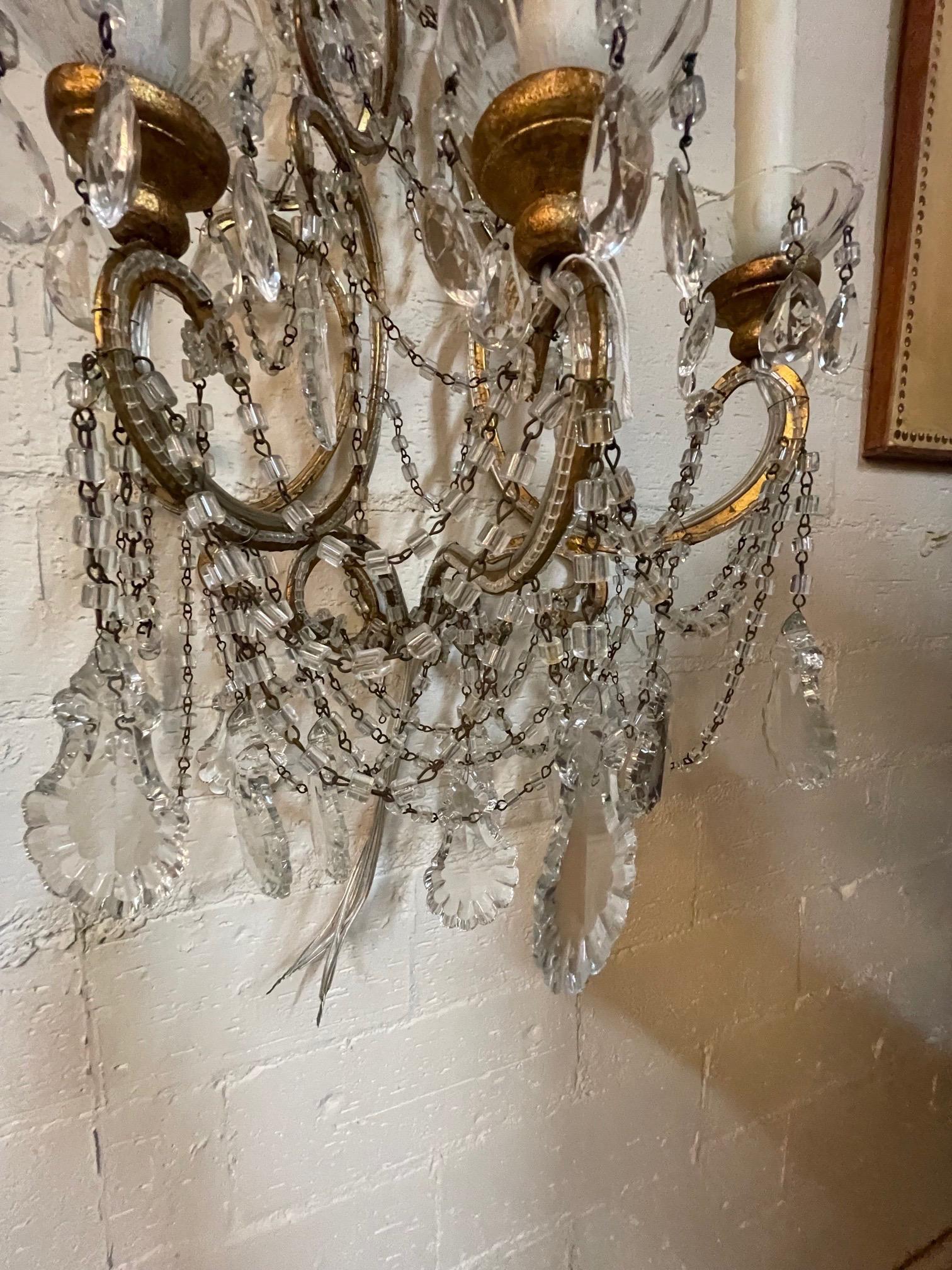Pair of Vintage Italian Beaded Crystal 6 Light Wall Sconces In Good Condition In Dallas, TX