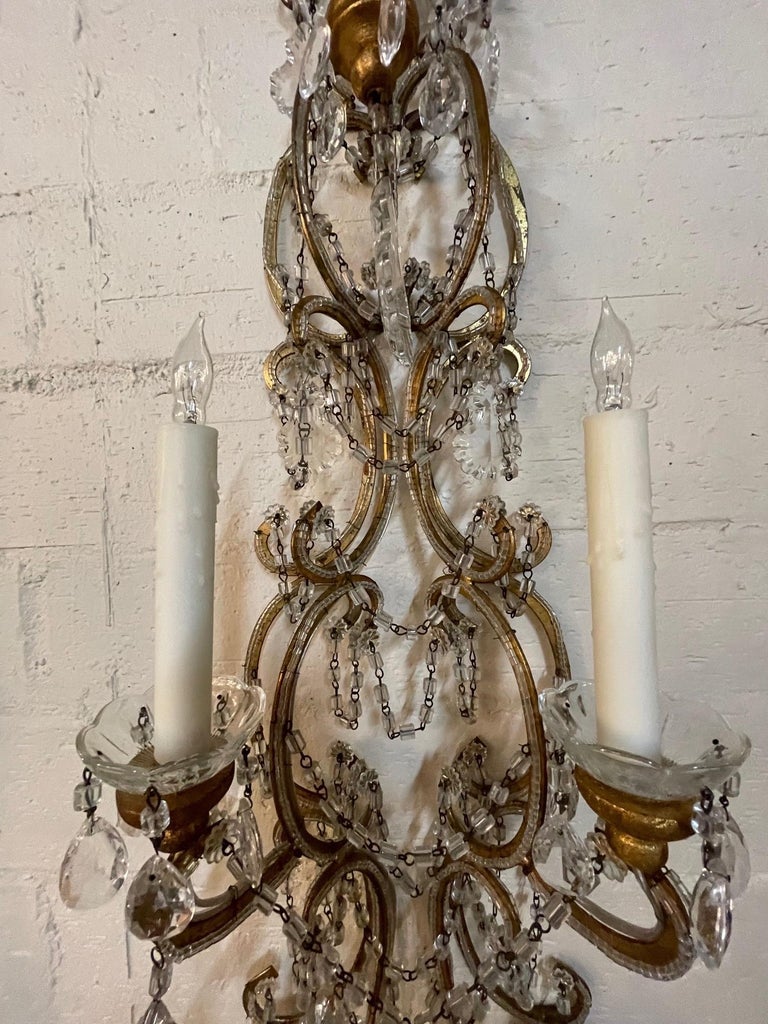 Metal Pair of Vintage Italian Beaded Crystal 6 Light Wall Sconces For Sale