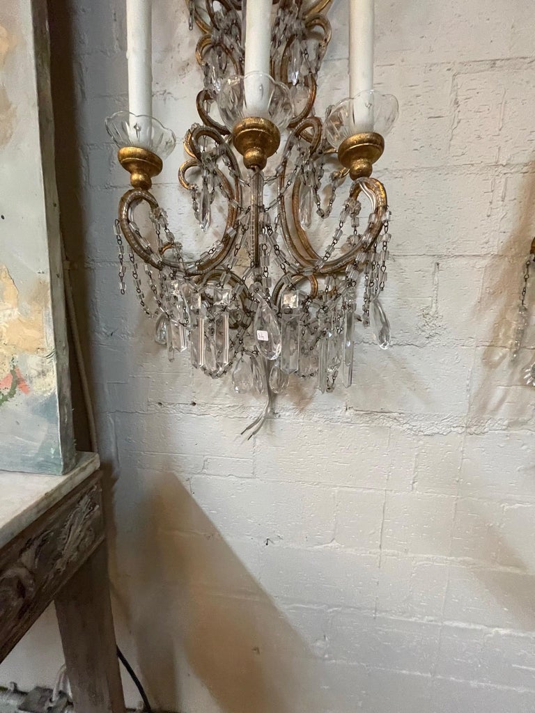 Pair of Vintage Italian Beaded Crystal 6 Light Wall Sconces For Sale 3