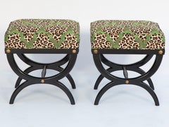 Pair of Vintage Italian Black Lacquer Curcule Benches Upholstered in Leopard