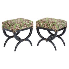 Pair of Vintage Italian Black Lacquer Curcule Benches Upholstered in Leopard