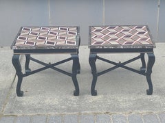 Pair of Vintage Italian Black Lacquered Side Tables with Pietra Dura Tops