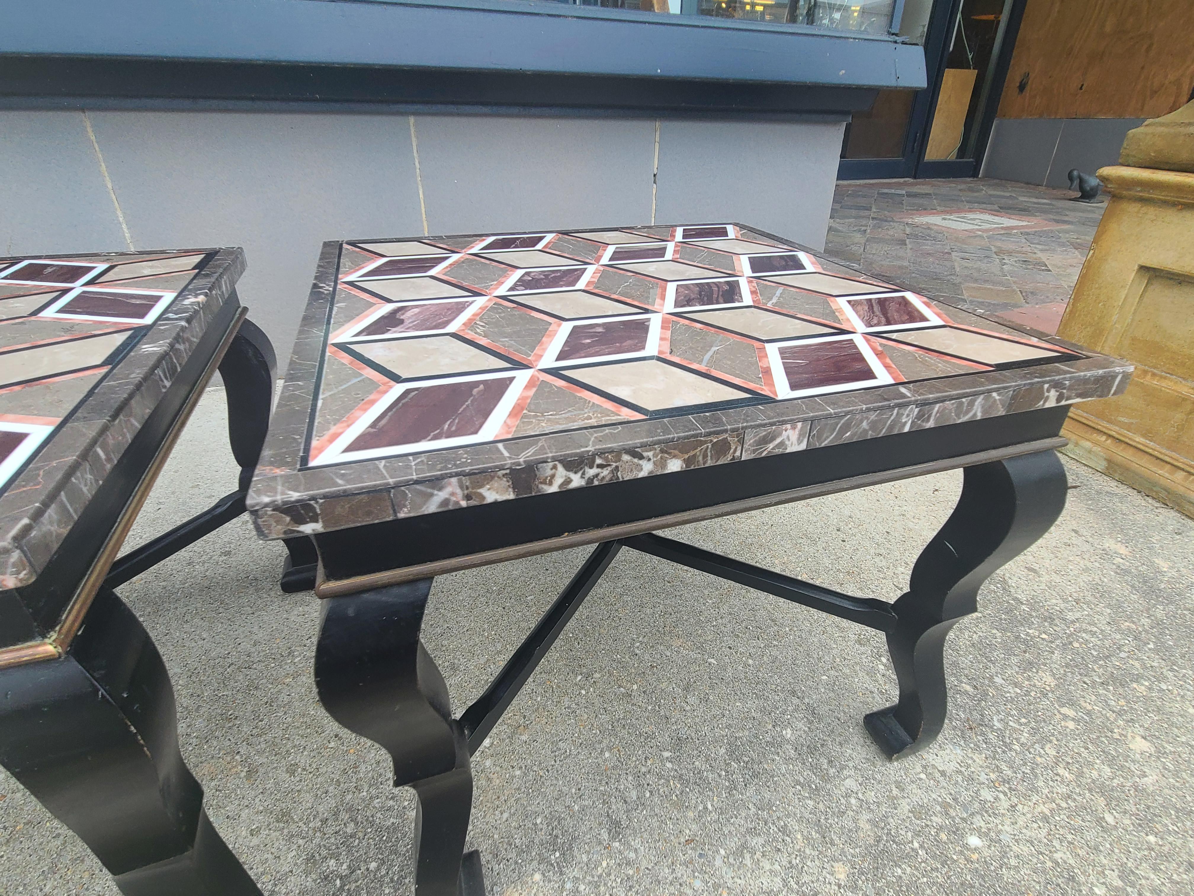 Hollywood Regency Pair of Vintage Italian Black Lacquered Side Tables with Pietra Dura Tops