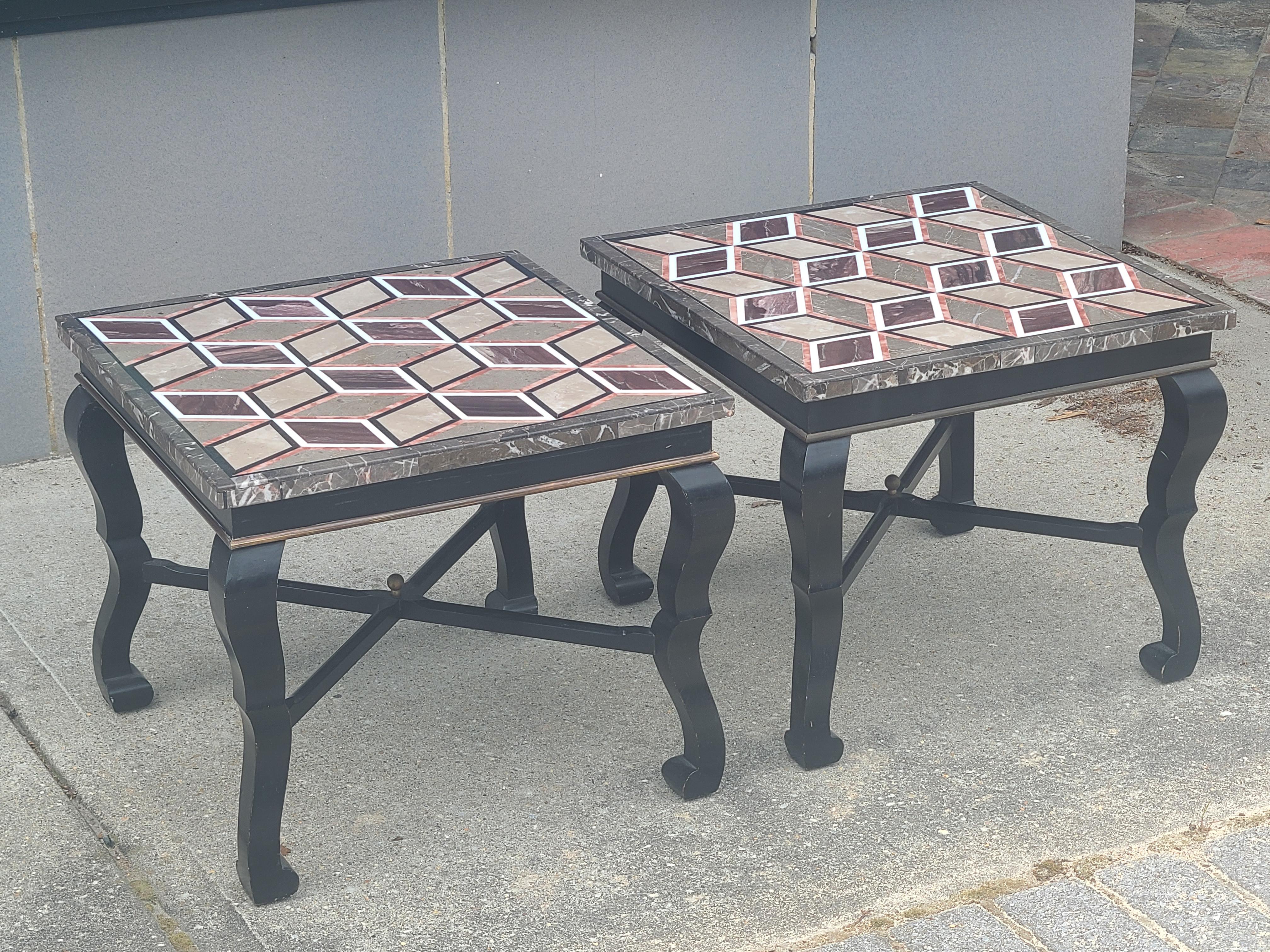 Pair of Vintage Italian Black Lacquered Side Tables with Pietra Dura Tops In Good Condition In Kilmarnock, VA