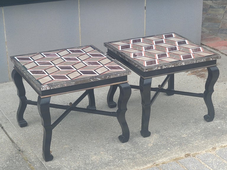 Pair of Vintage Italian Black Lacquered Side Tables with Pietra Dura Tops In Good Condition For Sale In Kilmarnock, VA