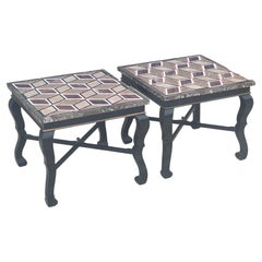 Pair of Vintage Italian Black Lacquered Side Tables with Pietra Dura Tops