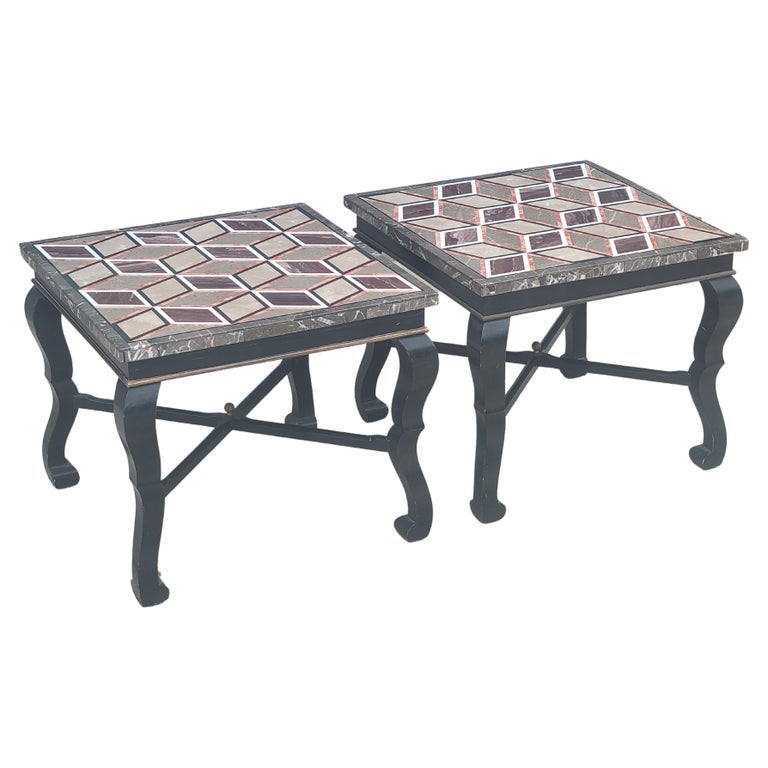 Pair of Vintage Italian Black Lacquered Side Tables with Pietra Dura Tops For Sale