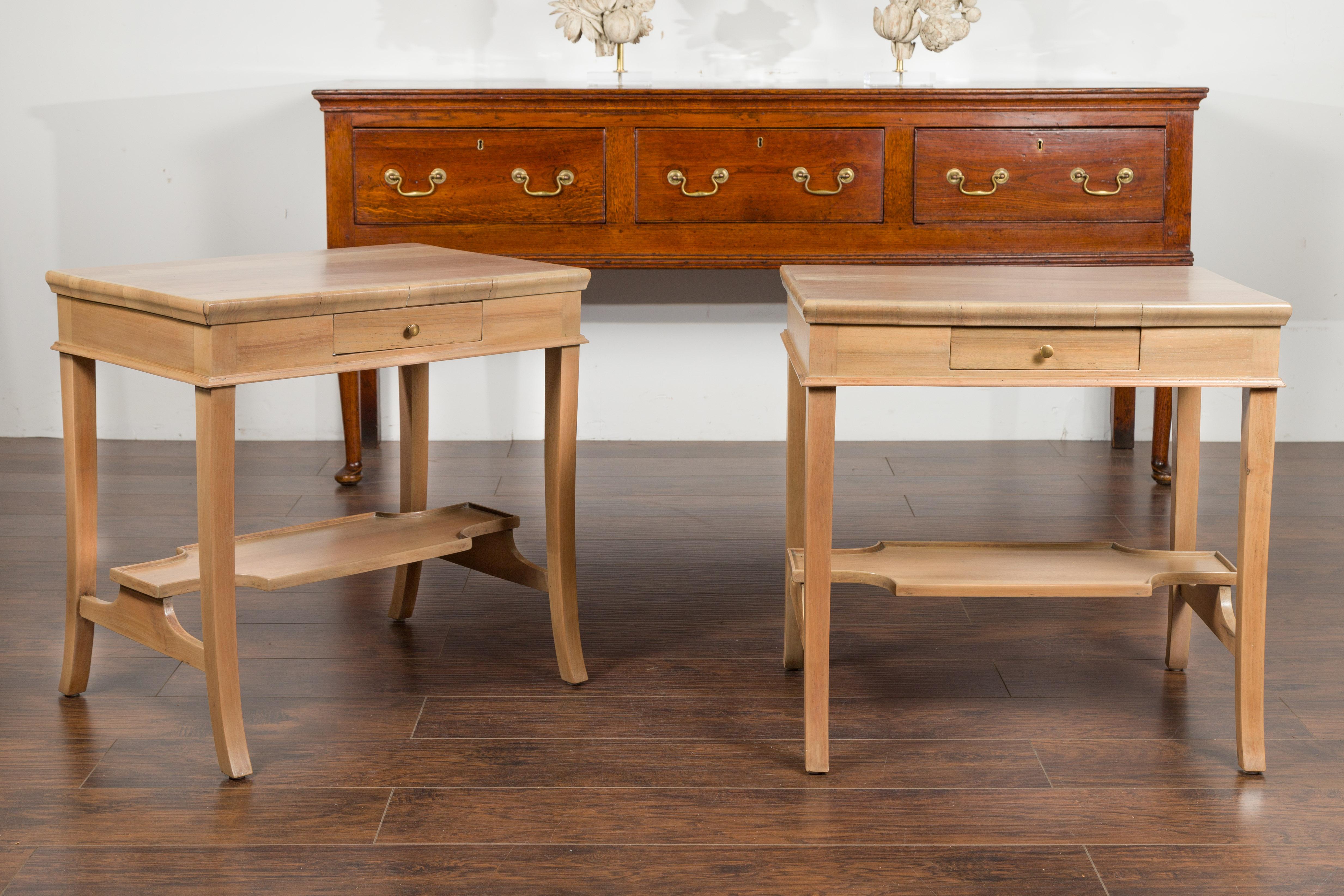 Pair of Vintage Italian Bleached Walnut Tables with Single Drawers and Shelves 5