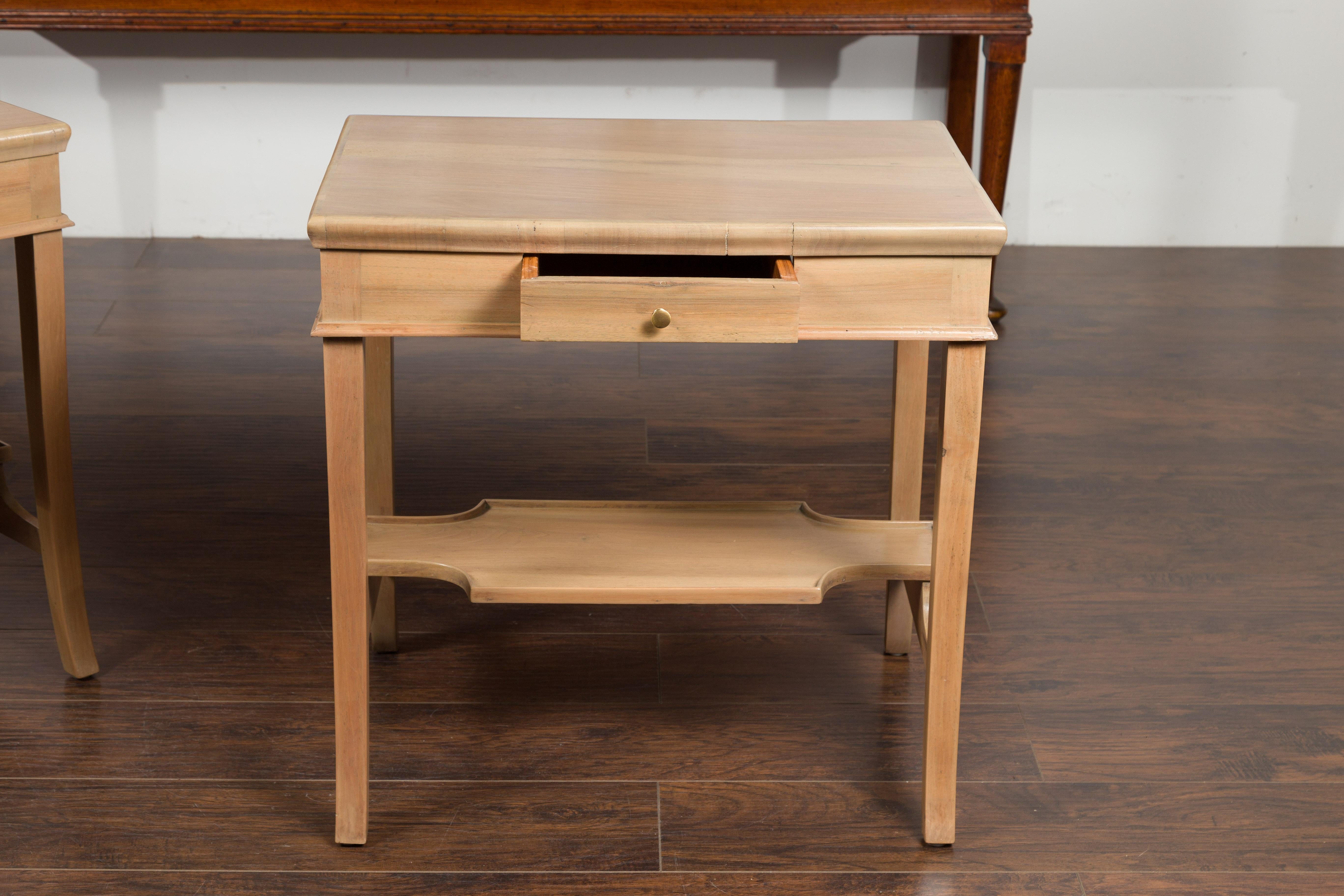 Pair of Vintage Italian Bleached Walnut Tables with Single Drawers and Shelves 6