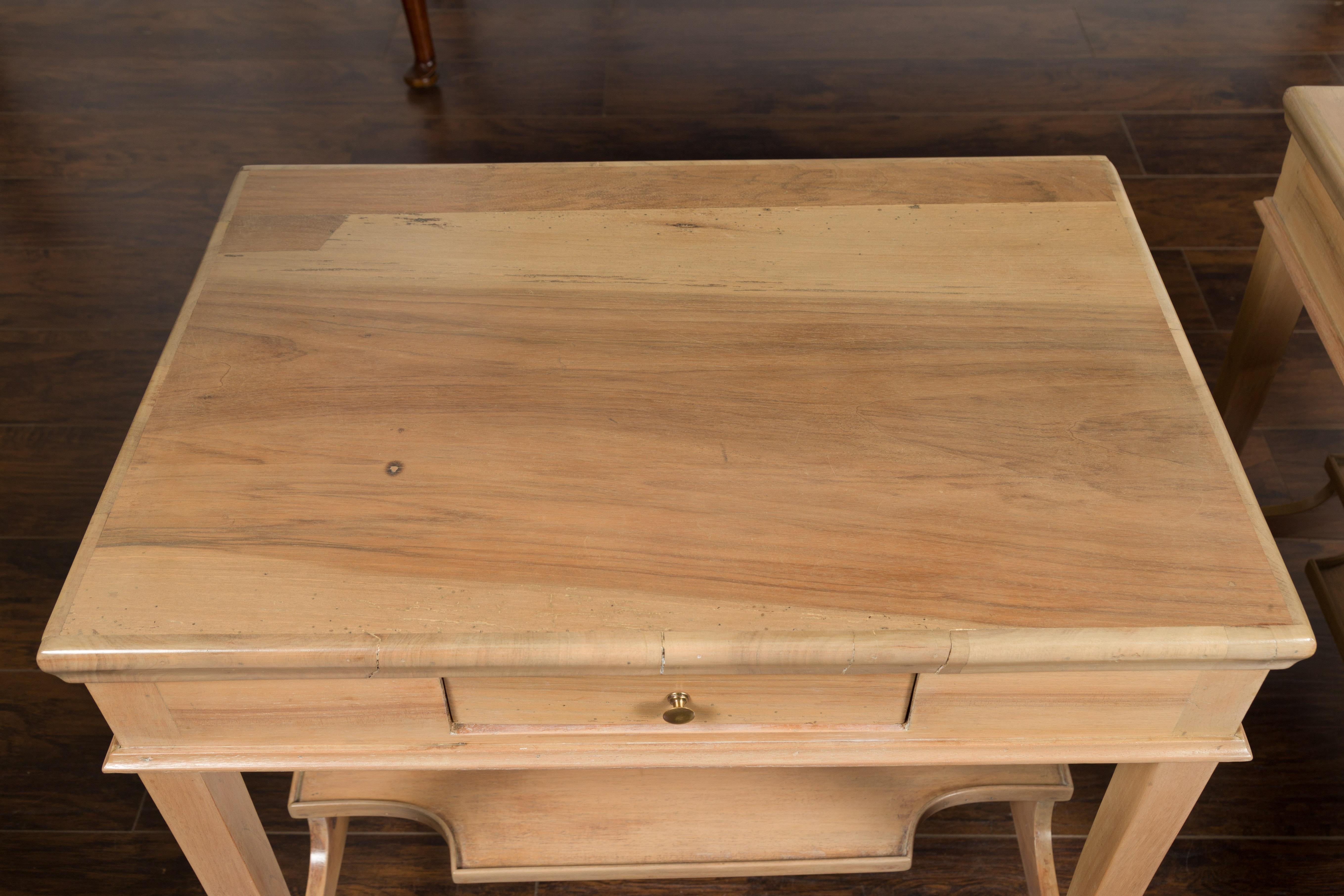 Pair of Vintage Italian Bleached Walnut Tables with Single Drawers and Shelves 9