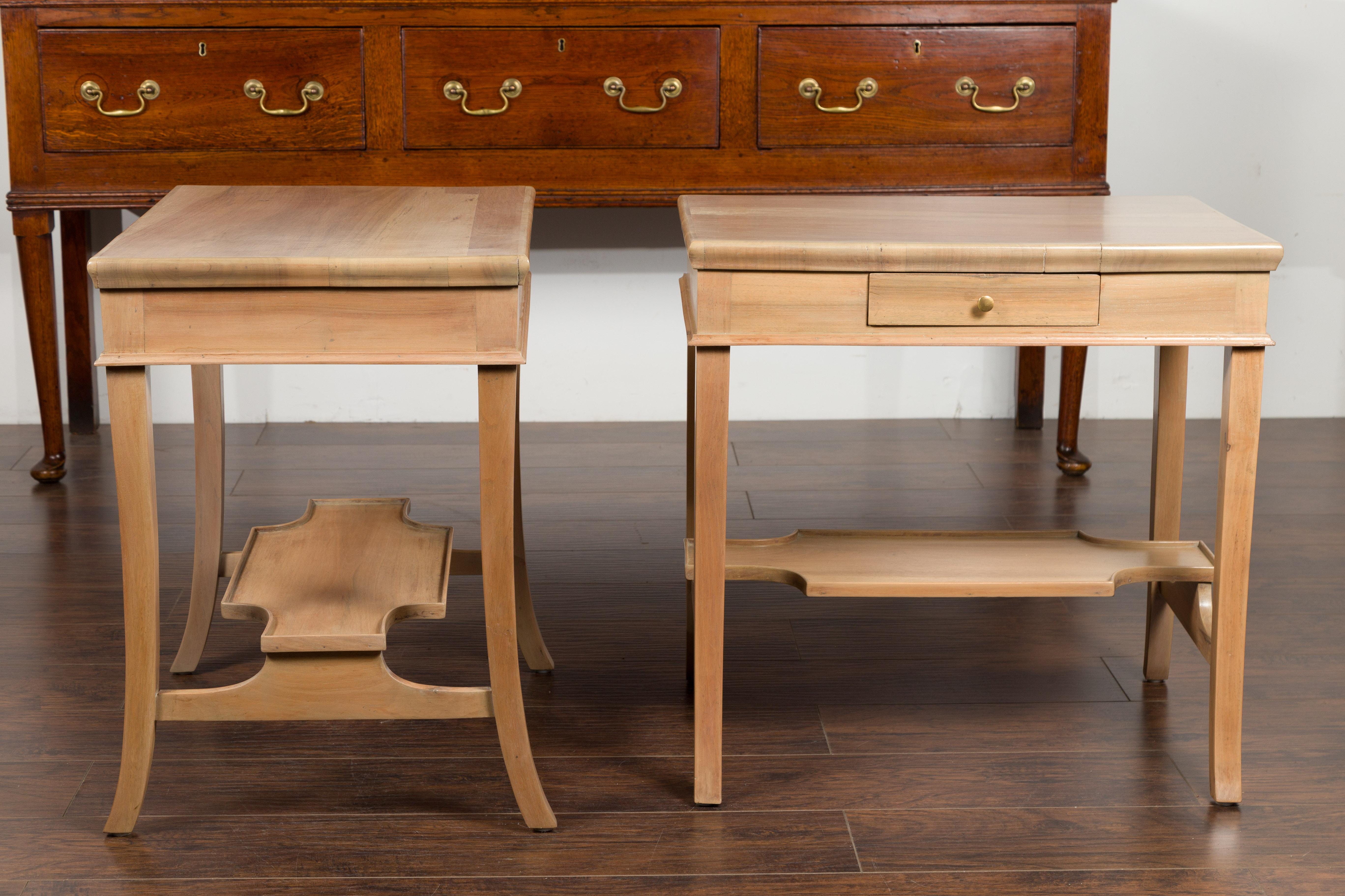 Pair of Vintage Italian Bleached Walnut Tables with Single Drawers and Shelves 13