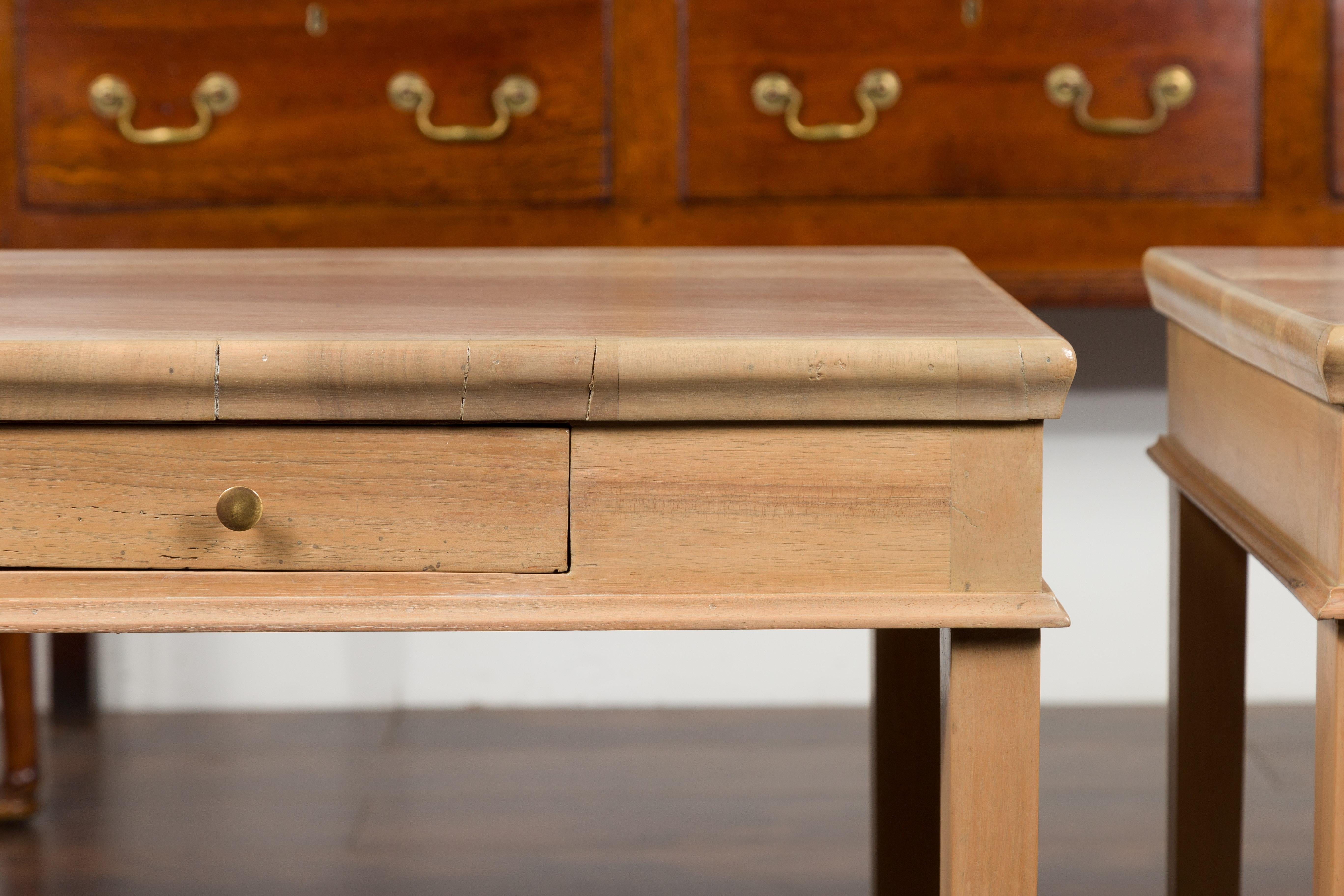 20th Century Pair of Vintage Italian Bleached Walnut Tables with Single Drawers and Shelves