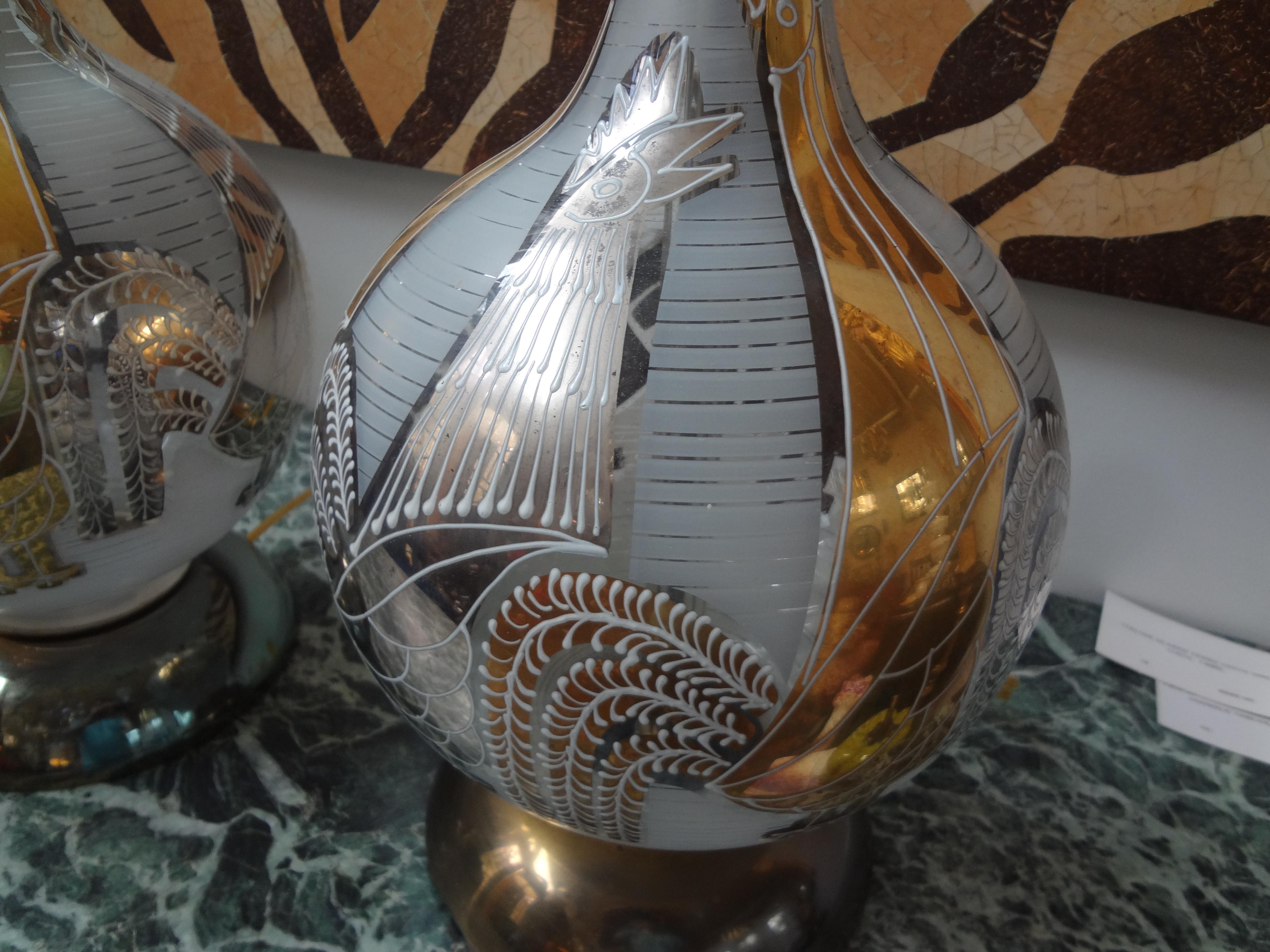 Hollywood Regency Paire de lampes coqs italiennes vintage en verre soufflé en vente