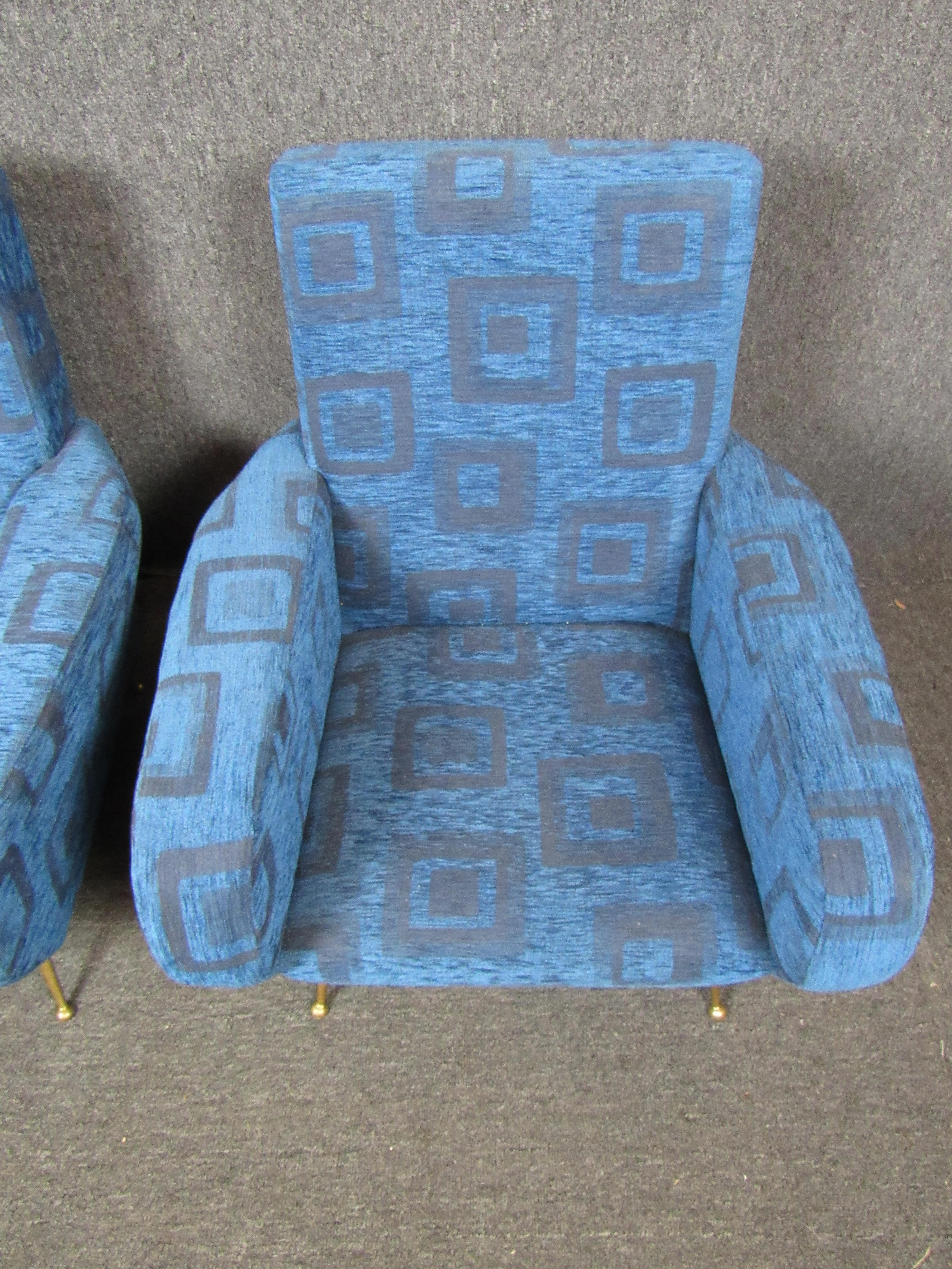 Brass Pair of Vintage Italian Blue Lounge Chairs