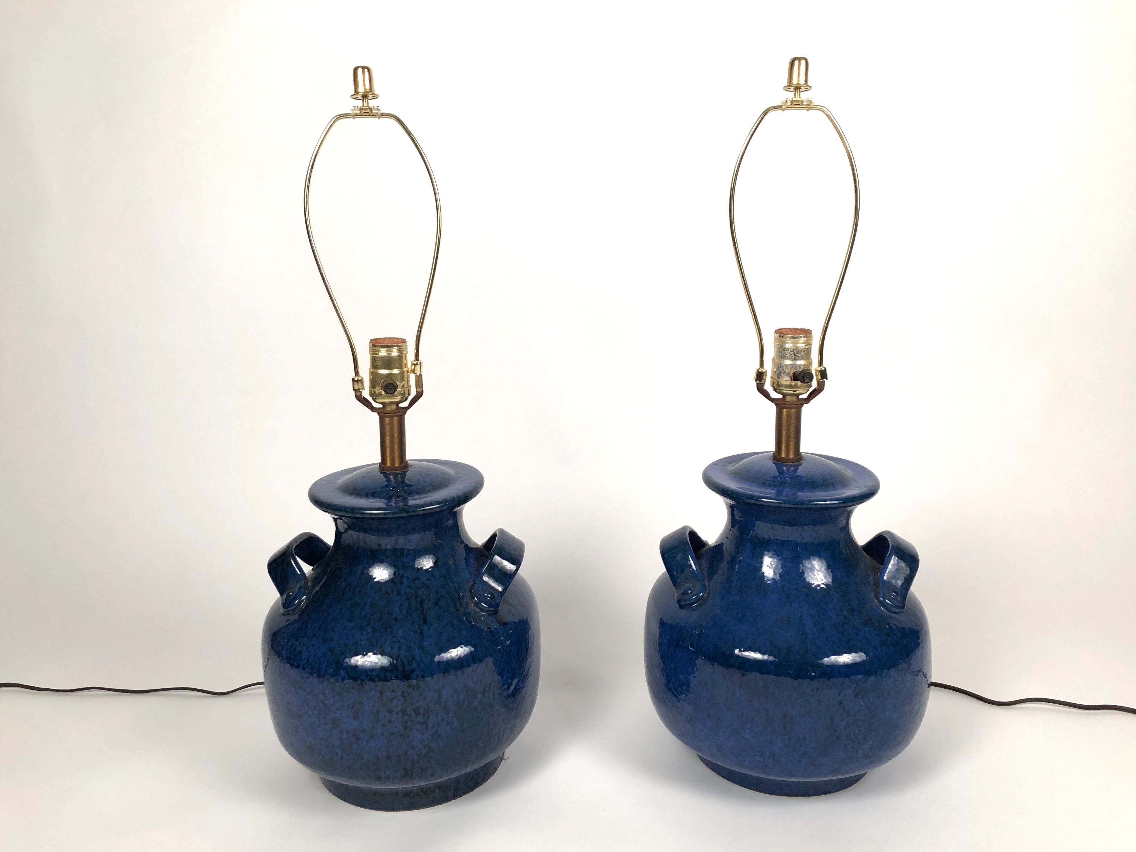 Glazed Pair of Vintage Italian Blue Pottery Lamps