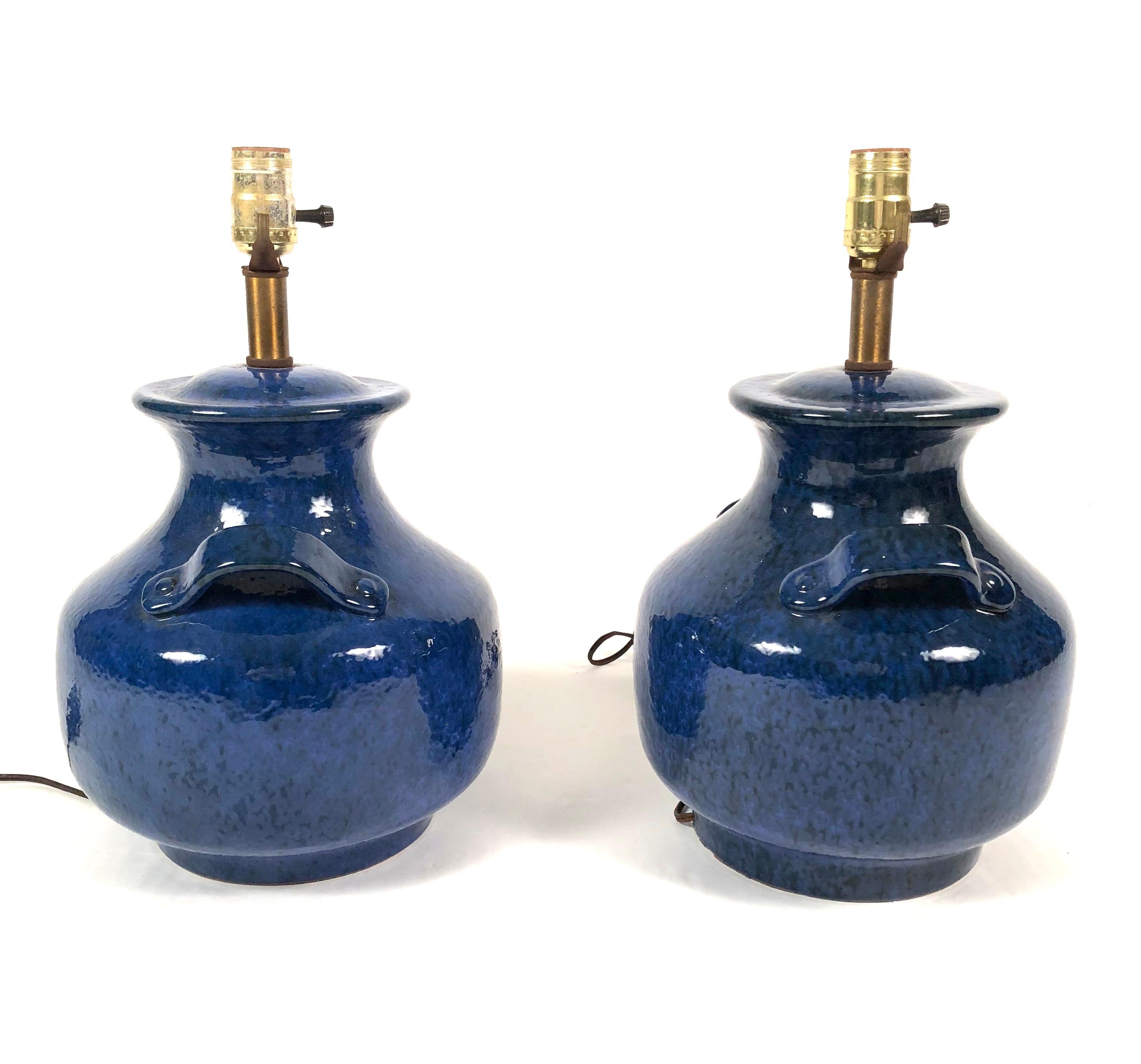 Pair of Vintage Italian Blue Pottery Lamps In Good Condition In Essex, MA