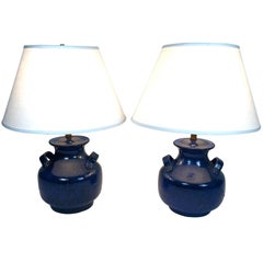 Pair of Vintage Italian Blue Pottery Lamps