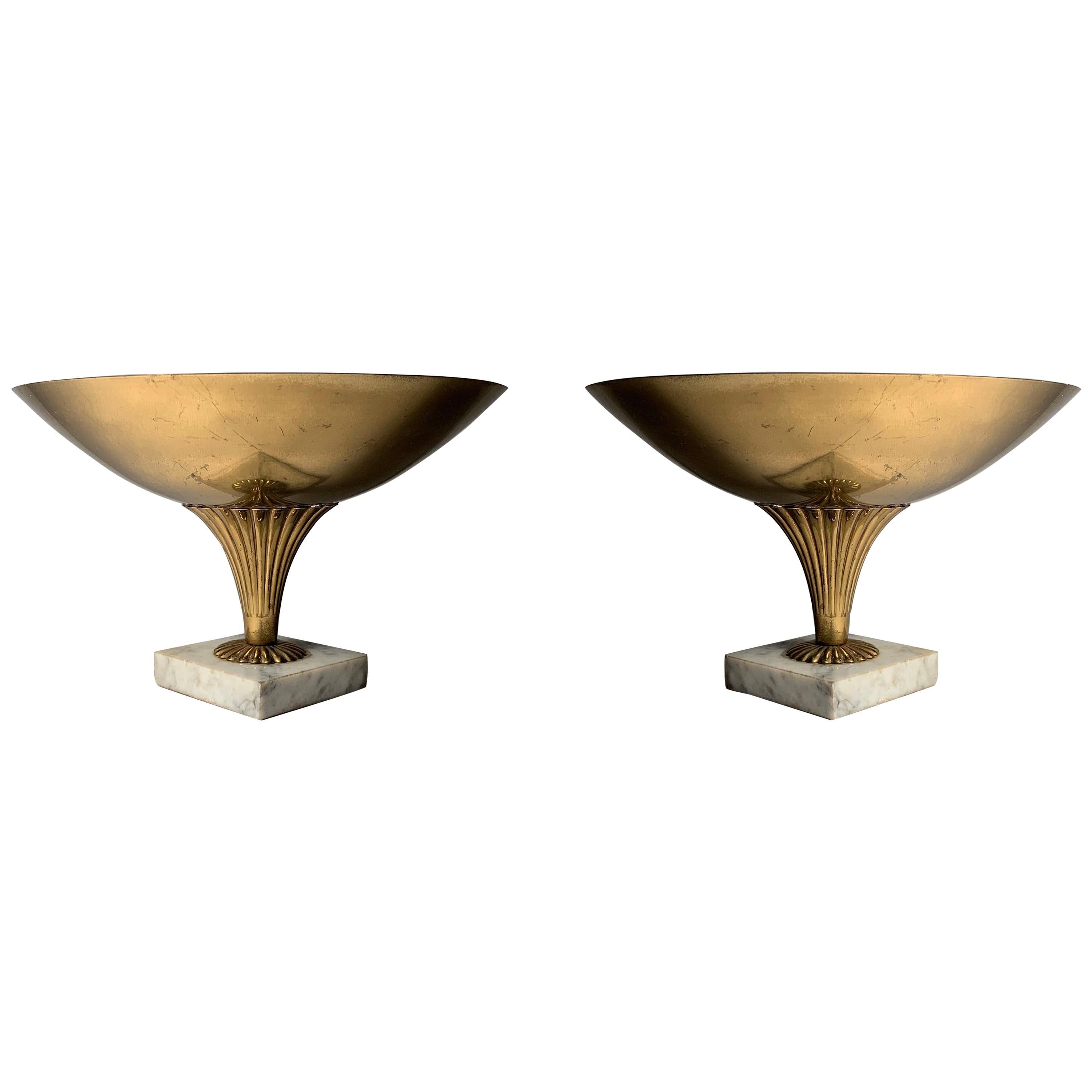 Pair of Vintage Italian Brass and Marble Compotes manner of Tommi Parzinger For Sale