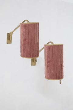 Pair of vintage Italian brass and pink velvet wall lamps
