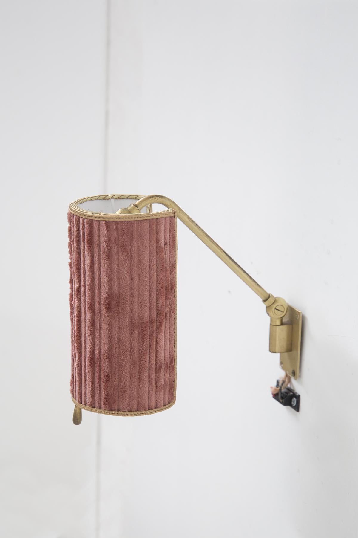 Brass Pair of vintage Italian brass and pink velvet wall lamps For Sale