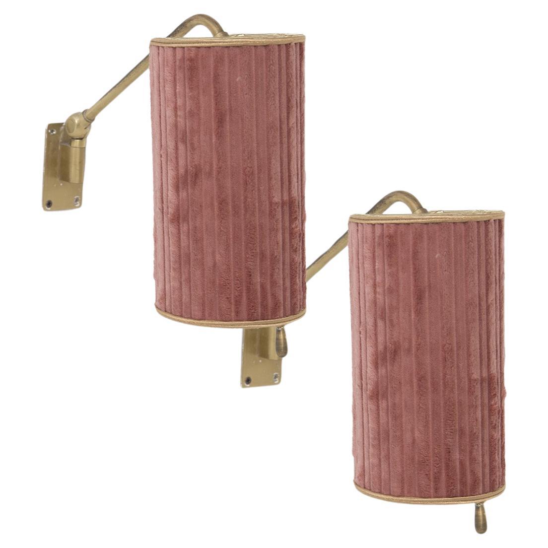 Pair of vintage Italian brass and pink velvet wall lamps For Sale