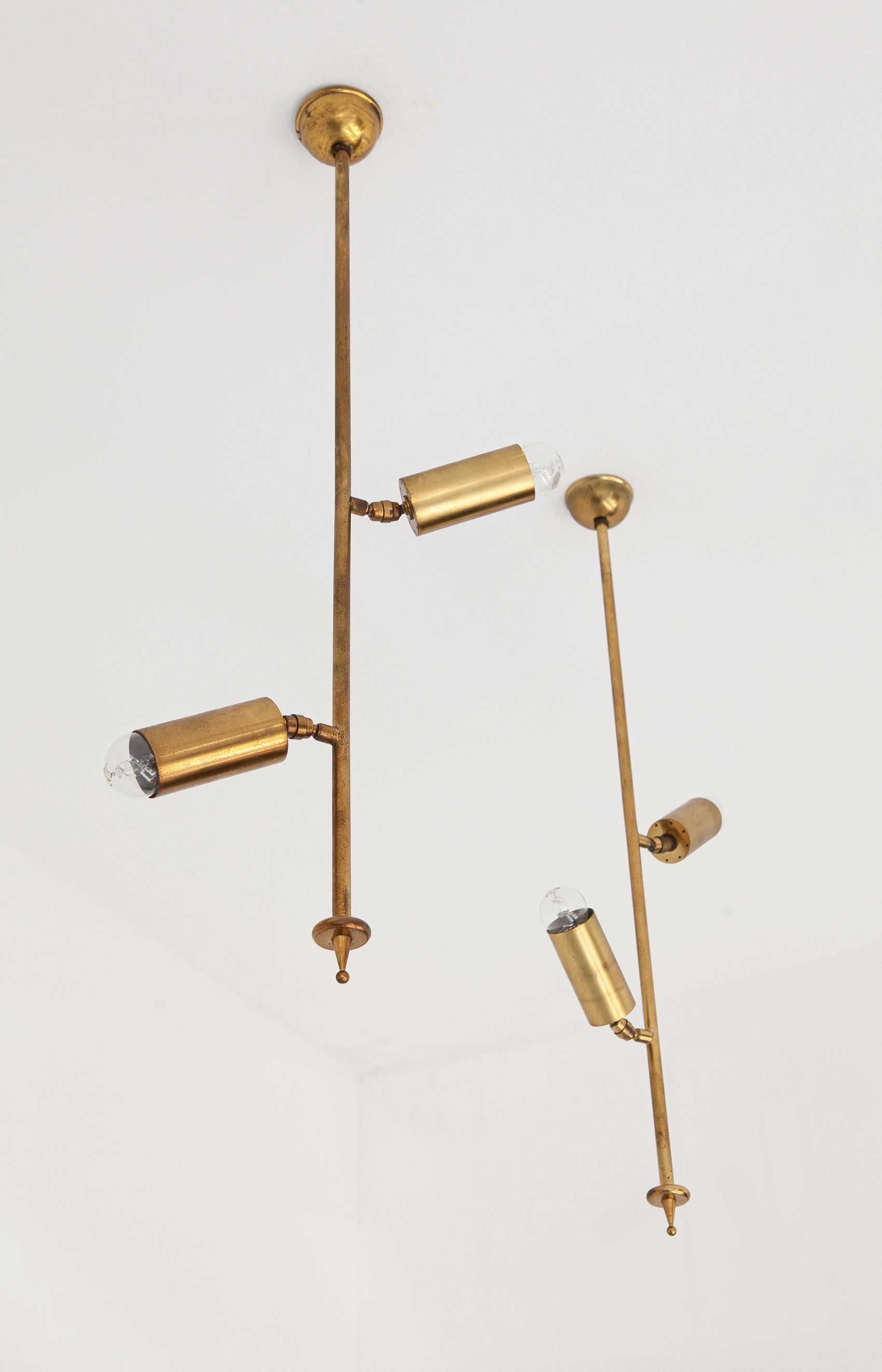 Mid-Century Modern Pair of Vintage Italian Brass Chandeliers with Directional Diffusers, 1950s