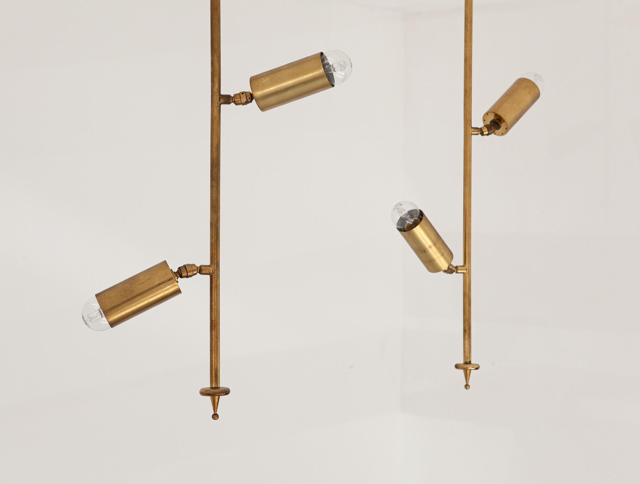 Mid-20th Century Pair of Vintage Italian Brass Chandeliers with Directional Diffusers, 1950s