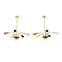 Pair of Vintage Italian Brass Colourful Chandeliers