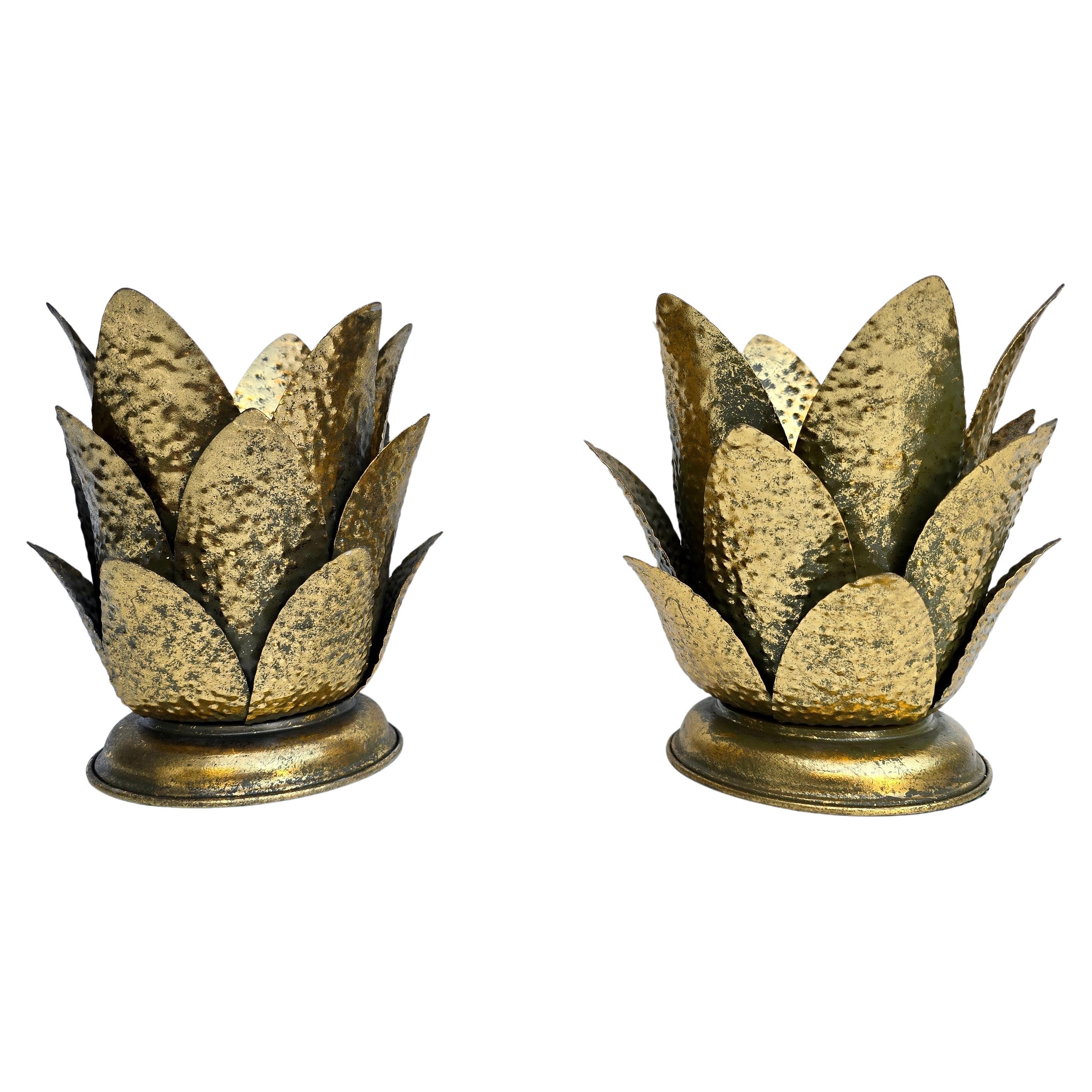 Pair of Vintage Italian Brass Lotus Leaf Table Lamps, 1970s For Sale