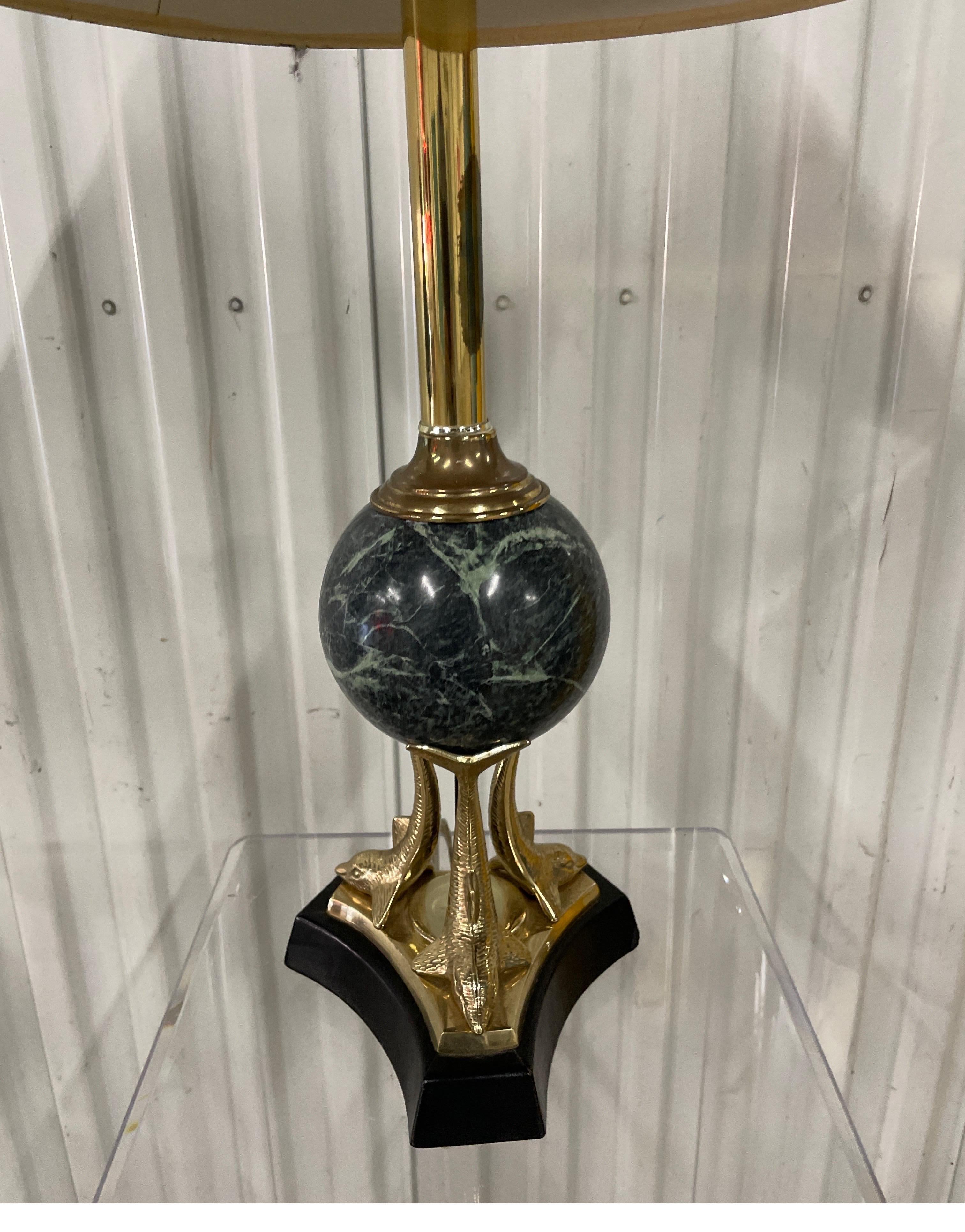 Pair of Vintage Italian Brass & Marble Dolphin Lamps In Good Condition For Sale In West Palm Beach, FL