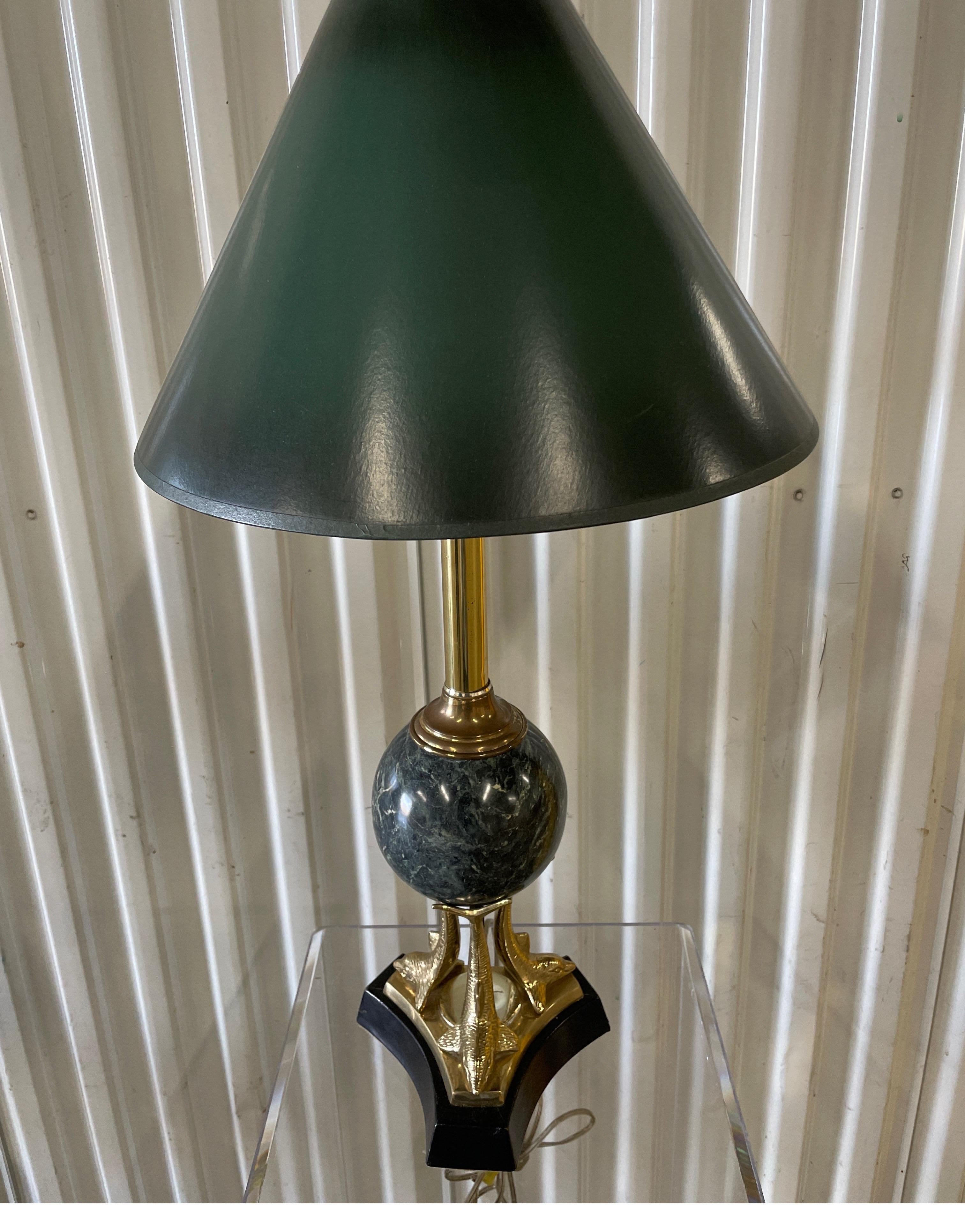 Pair of Vintage Italian Brass & Marble Dolphin Lamps For Sale 1