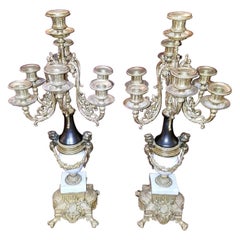 Pair of Vintage Italian Brevettato Marble and Brass Candelabra
