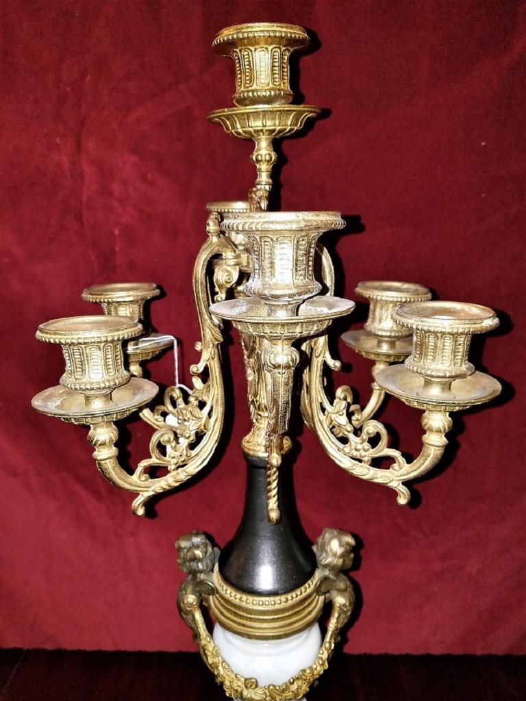 Pair of Vintage Italian Brevettato Marble and Brass Candelabra at