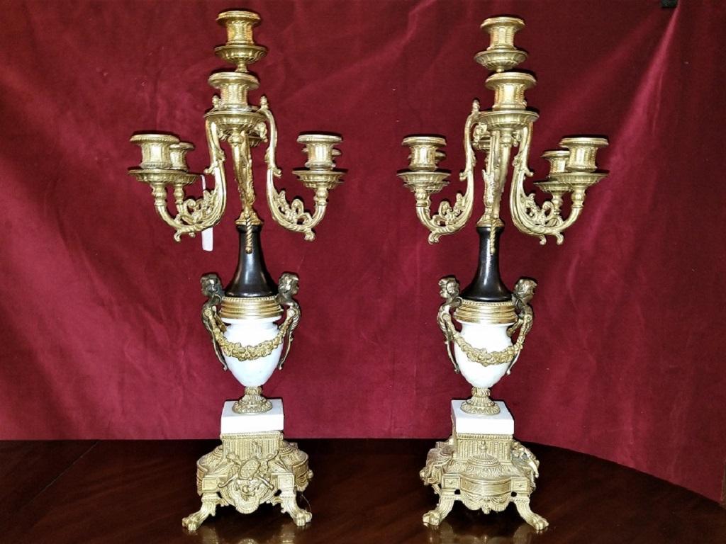 Baroque Revival Pair of Vintage Italian Brevettato Marble and Brass Candelabra