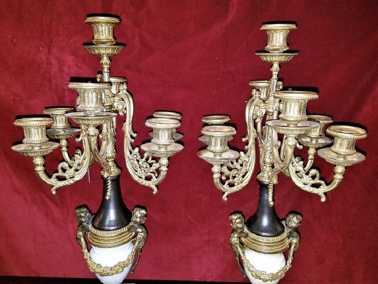 Pair of Vintage Italian Brevettato Marble and Brass Candelabra at 1stDibs
