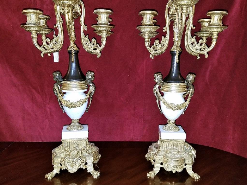 Pair of Vintage Italian Brevettato Marble and Brass Candelabra In Fair Condition In Dallas, TX
