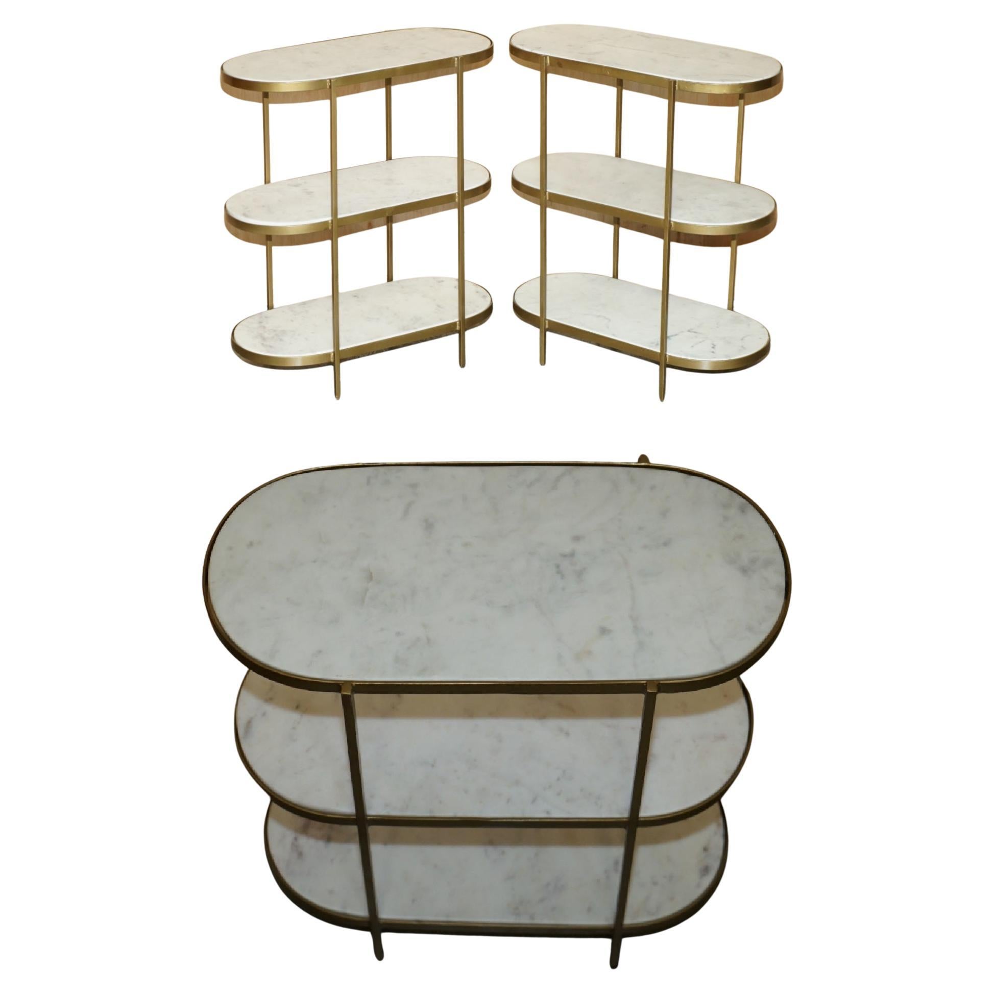 PAIR OF ViNTAGE ITALIAN CARRARA MARBLE THREE TIERED SIDE TABLE SIZED ETAGERES
