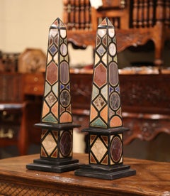 Pair of Vintage Italian Carved Empire Grand Tour Marble Obelisks on Square Bases