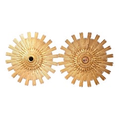 Pair of Vintage Italian Carved Giltwood Sunburst Mirrors with Four-Tier Rays