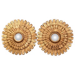 Pair of Vintage Italian Carved Giltwood Sunburst Mirrors with Three-Tier Rays